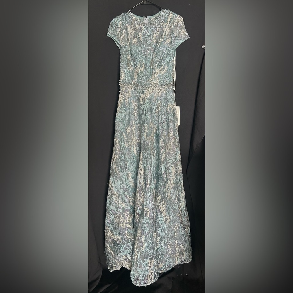 Mac Duggal 20498 NWT Green Floral Embroidered Short Sleeve Gown - Picture 1 of 5